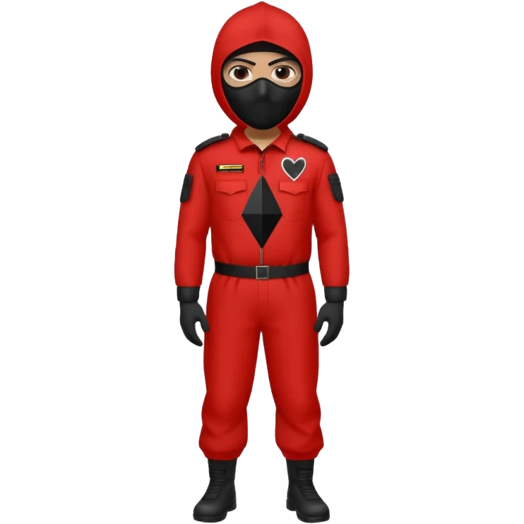 Illustrate a guard in red jumpsuit with black mask featuring a white triangle symbol. emoji