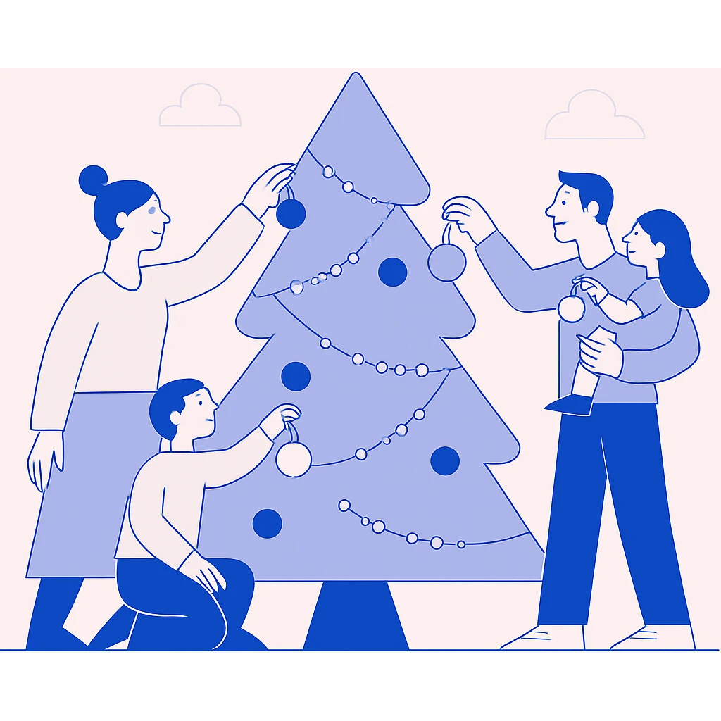 family hanging ornaments on Christmas tree emoji
