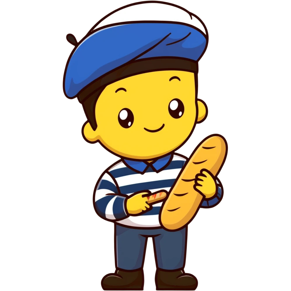French man with blue and white striped shirt, black beret, holding a baguette emoji