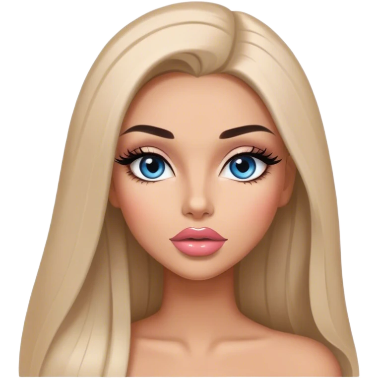 Glamours, tanned, very beautiful girl, with big pump peach-beige-rose lips, long long lashes, black straight smooth silky long hair, straight parting hair, blue-grey eyes emoji