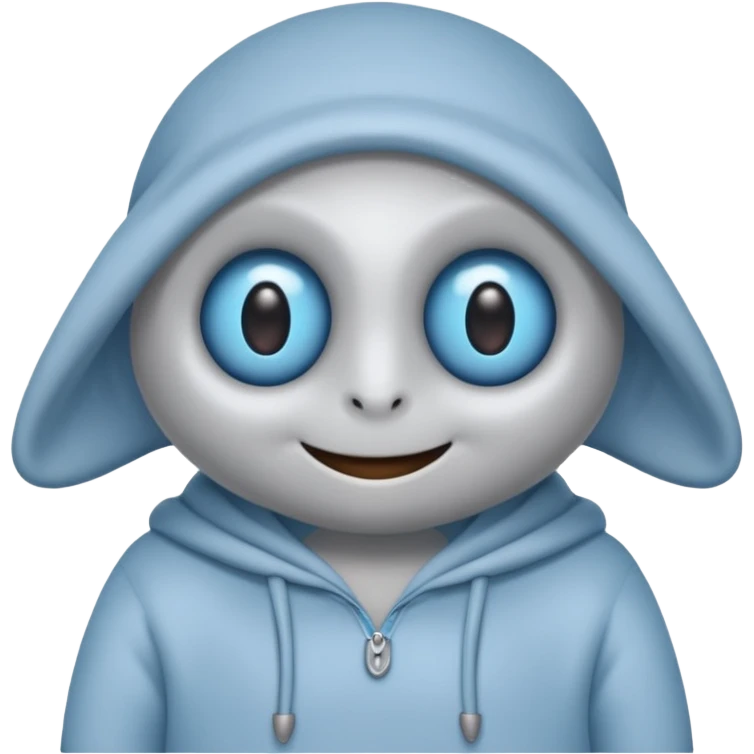 No head..it has 1 eye....stands upright ...wears clothing. is light grey and light blue..looks happy and cuddly... doesnt have a full head.... there is a appendage coming out of top of body with a single large eye emoji