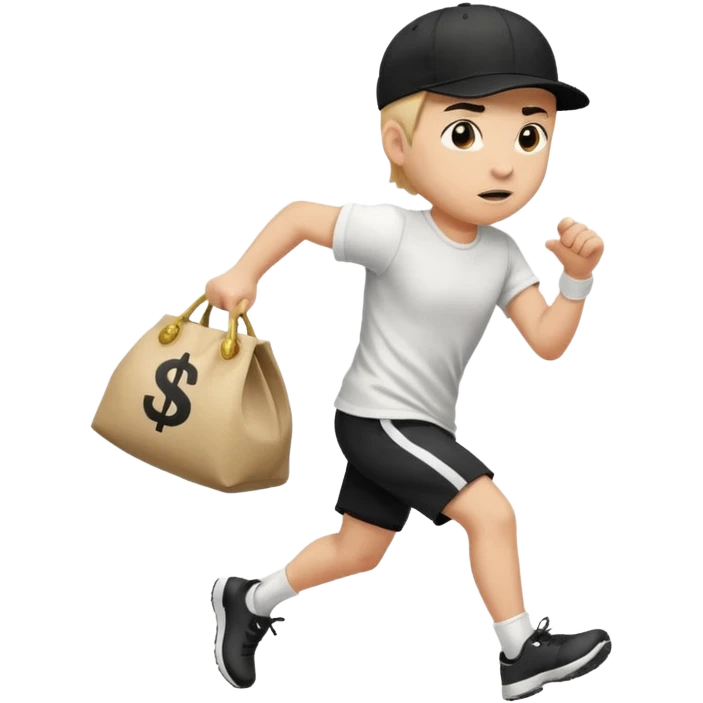 Thief with black cap white t-shirt with black Stripes emoji runing with money bag emoji