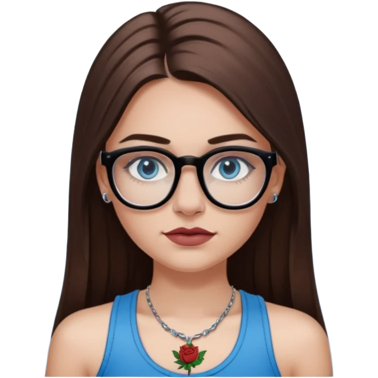 White girl with long straight brown hair and blue eyes wearing plastic frame glasses that go from black to clear ombré from top to bottom. Stud nose piercing on right side of nose and a septum piercing. Wearing black tank top. Rose tattoo on right arm. emoji