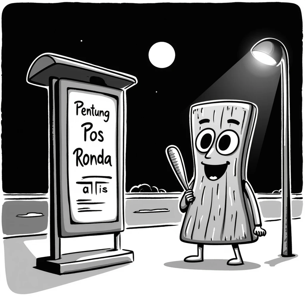 a humanoid wooden club with big cartoon eyes and a wide smile, barefoot, standing at a dark street bus stop under a dim streetlight, holding a bat, with a background sign reading 'Pentung Pos Ronda' emoji