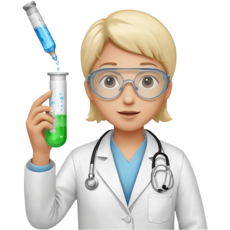 A person wearing safety goggles, a stethoscope, and a white coat. In one hand they hold a test tube containing chemicals and in the other a syringe. emoji