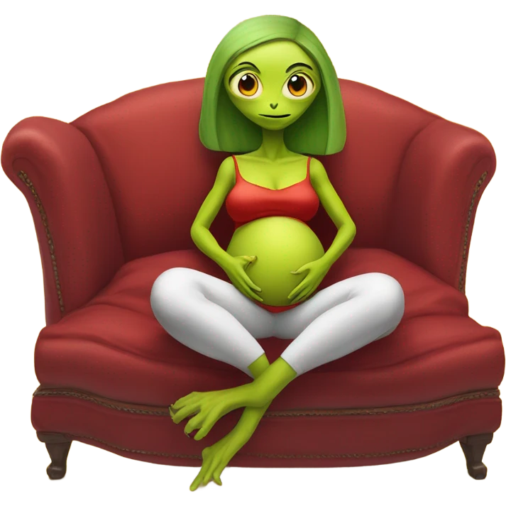 reptilian alien woman in red dress,pregnant, sitting on a jellow couch  emoji
