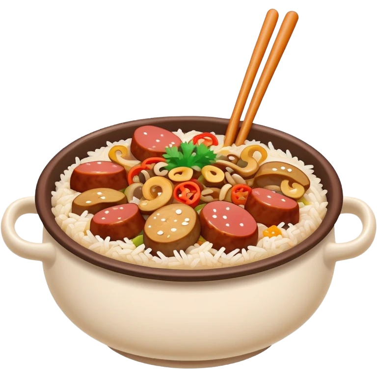 Guangdong clay pot rice with toppings and sauce, simplified emoji style with bold outlines and bright colors, cartoon style Cantonese Bo Zai Fan emoji