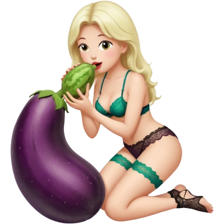 lady in lace lingerie on knees and kissing big eggplant in her mouth  emoji