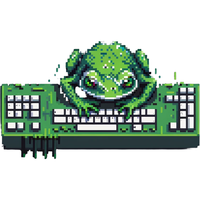Very sad Pepe the frog meme character coding on computer, tears in eyes, depressed green frog hunched over keyboard, feeling overwhelmed with code emoji