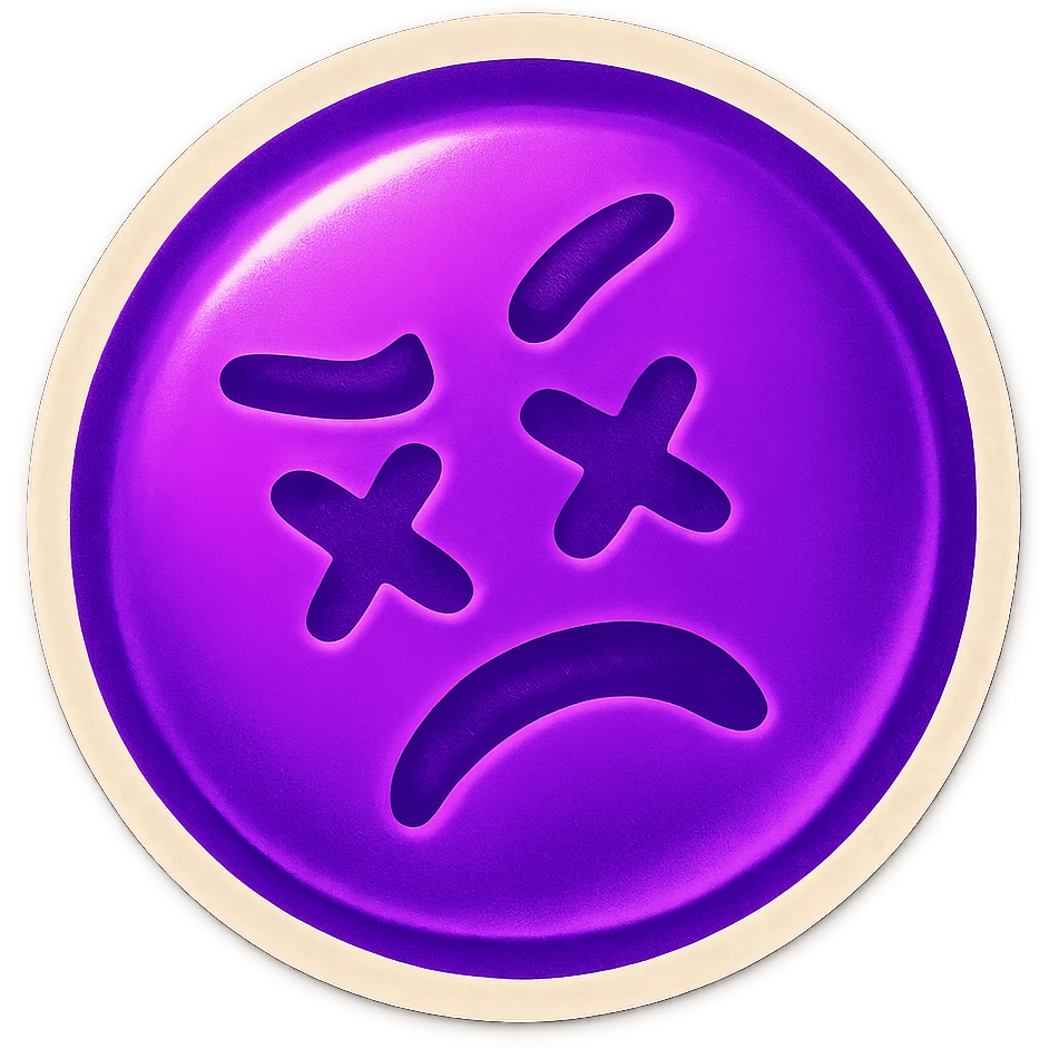 A funny face emote with a neon purple theme, expressing tilt, compact and expressive emoji