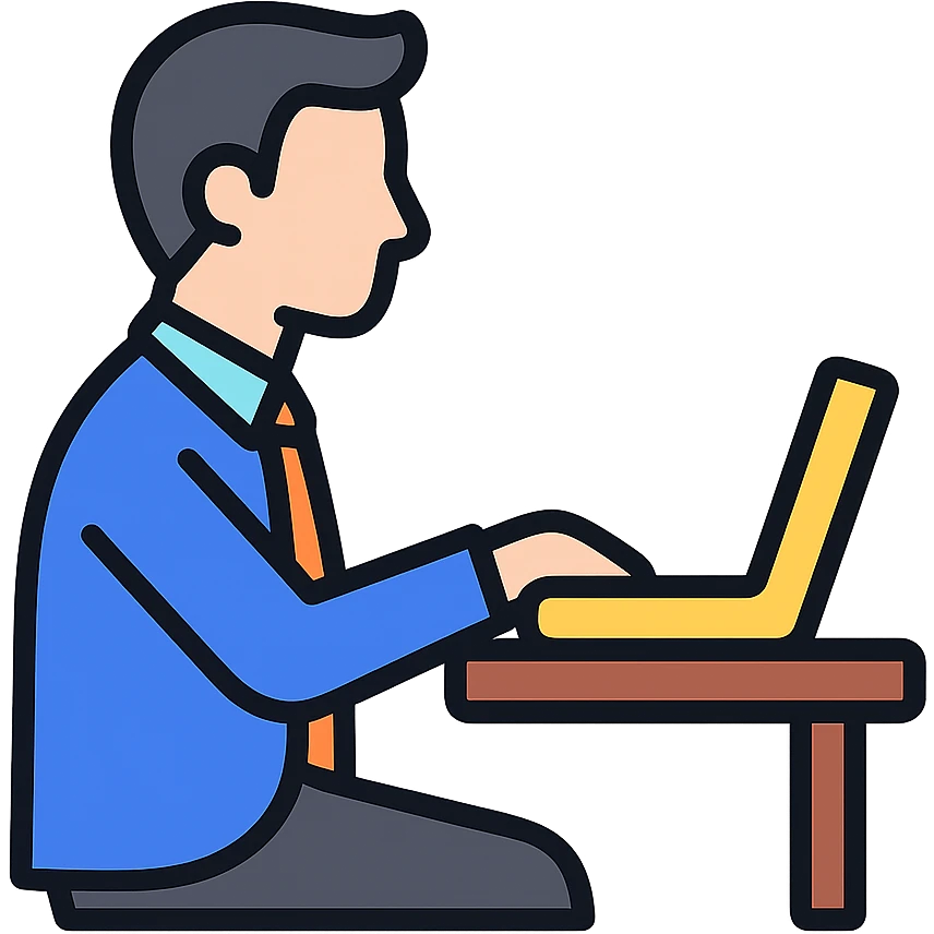 hombre con vestimenta semi-formal, de perfil, frente a una computadora en una mesa sencilla emoji