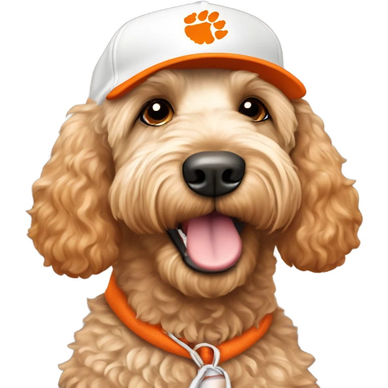 labradoodle dog wearing a white and orange Clemson baseball cap￼ emoji