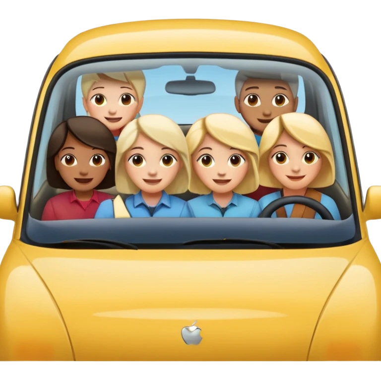 small car with very large windows and front windshield, five people (mixed genders) smiling and leaning out, some from side windows, some from front windshield, five clear faces, apple emoji style emoji