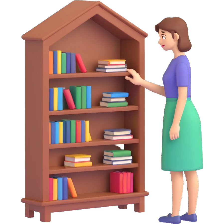 a sad woman looking at a small bookcase emoji