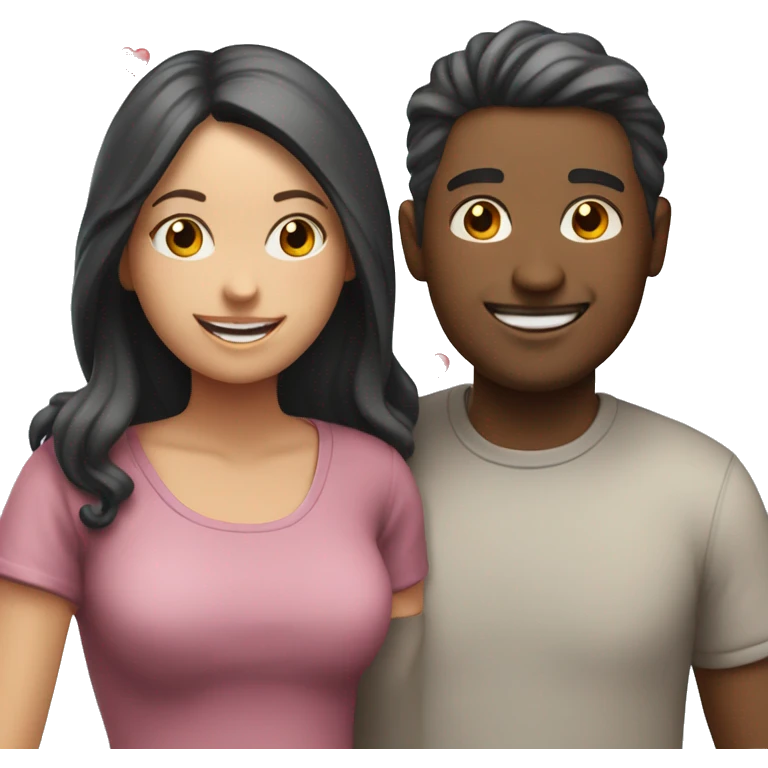 smiling couple in casual attire with bubbles and hearts around them emoji
