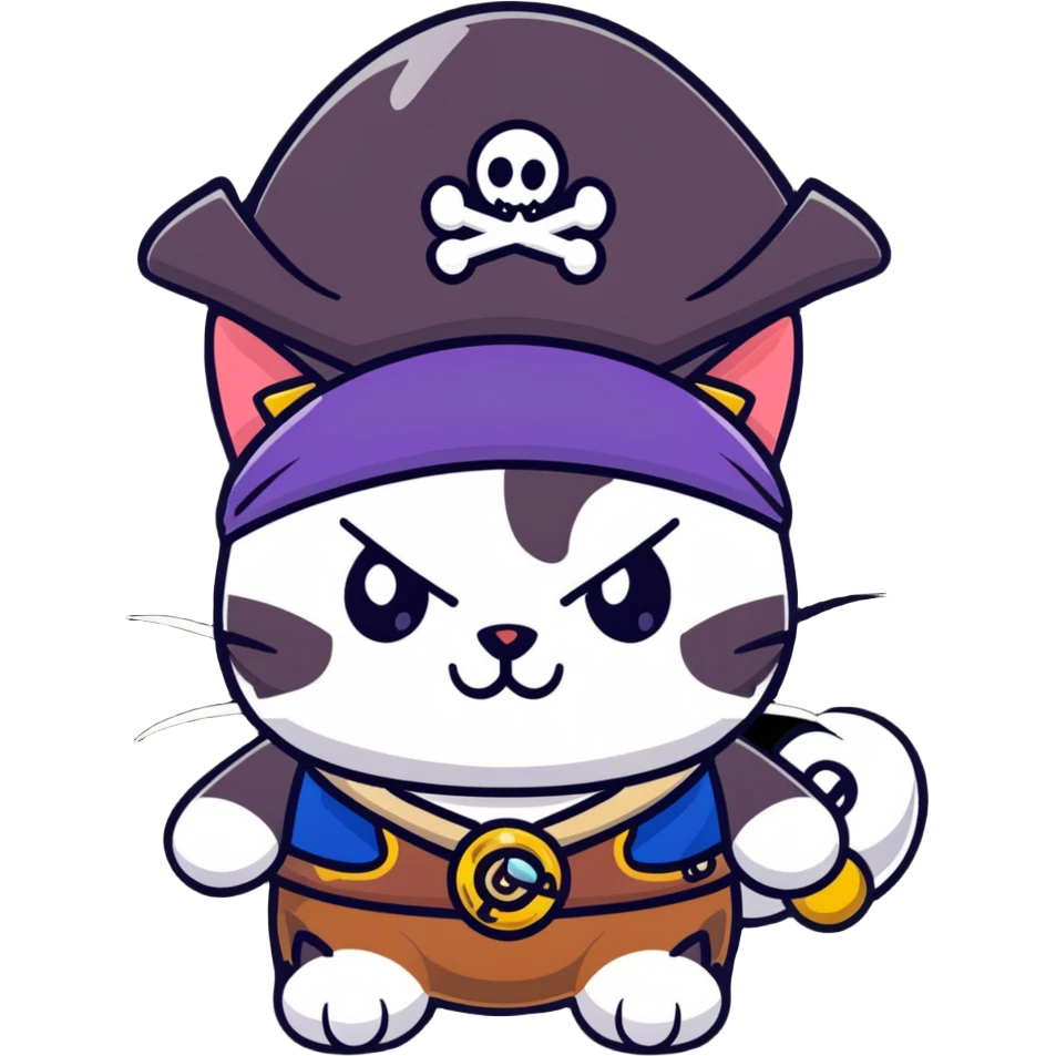 pirate cat with tricorn hat, beads in fur, mischievous expression emoji