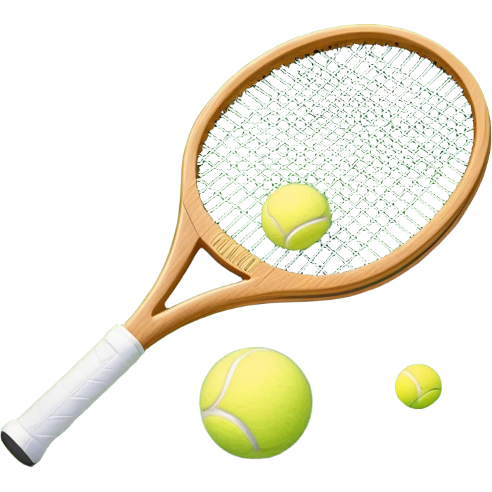 A detailed tennis racket resting on lush green grass beside a bright yellow tennis ball. The scene captures the essence of classic lawn tennis, with a crisp and clean background emphasizing the elegance and tradition of the sport emoji