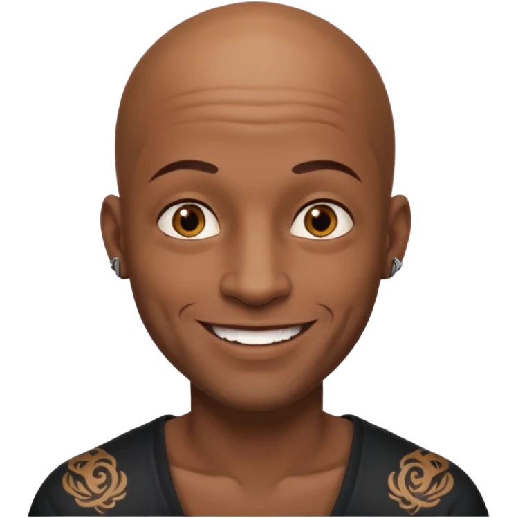 This is a cartoon-style avatar of a bald man with dark skin, golden-brown eyes, and facial tattoos, smiling with a friendly expression. emoji