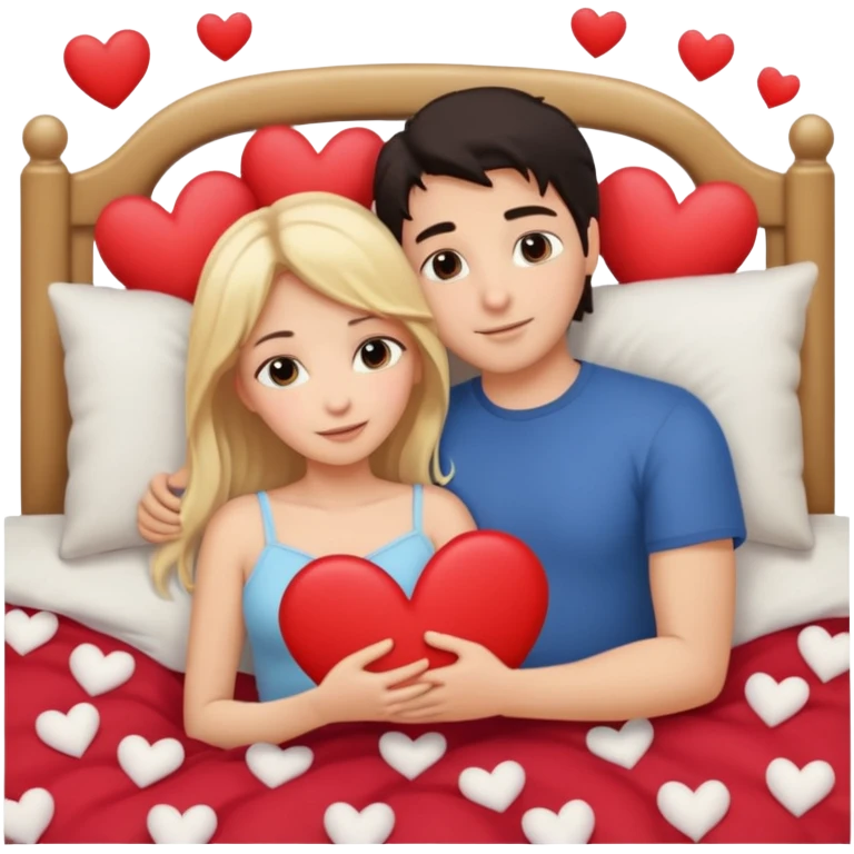 two people cuddling in bed. man has dark hair. woman is blonde. hearts surrounding them. emoji
