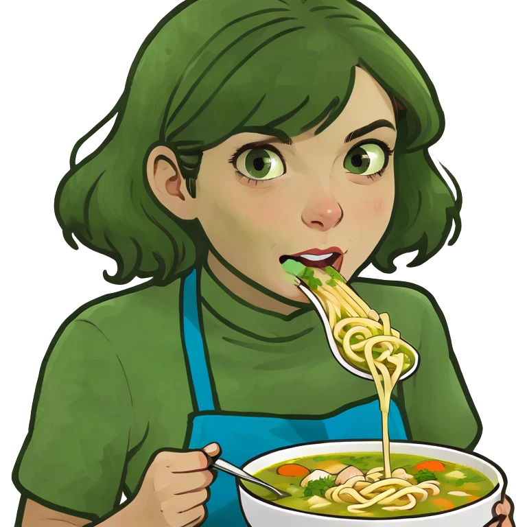 Girl with brown hair and blue eyes eating chicken noodle soup emoji