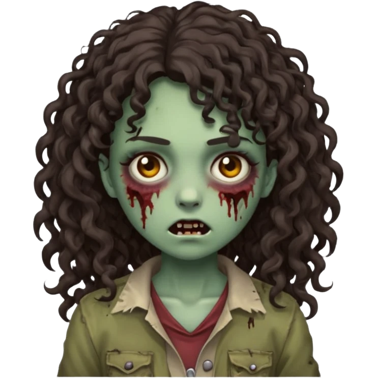 Emoji garota zombie com cabelo castanho escuro cacheado longo com franja cacheada emoji