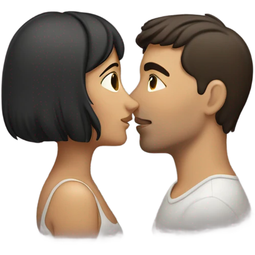 Male and female couple kissing. Both have short, dark brown hair emoji