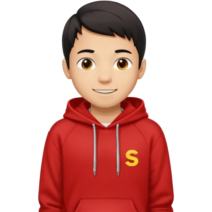 make me an emoji of an americain 15 yearold boy in a red hoodie that says "south" on it and give him with tan skin with his hands in his pockets with the sleevs pulled up grining with a jaw line emoji