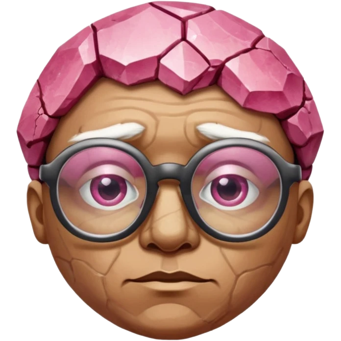 A single pinkfaceted rock head, chunky and worn, with very visible big cracks and chipped facets but still shiny, big glasses emoji