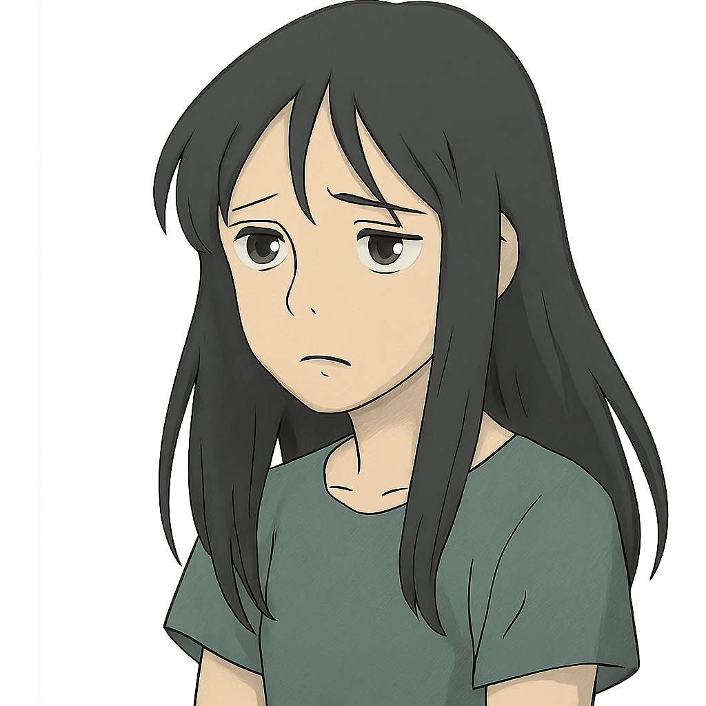 pale girl with long black hair, sad expression, in ghibli style emoji