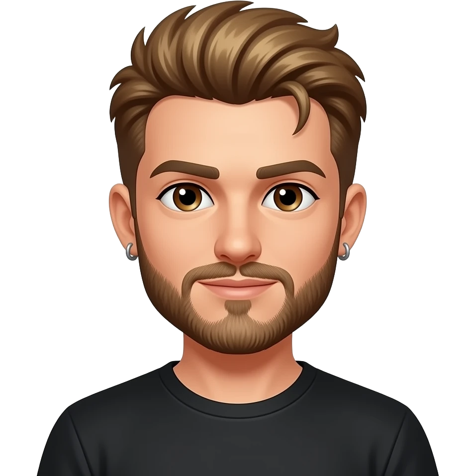 8-BitRyan with brown eyes, medium golden brown faux hawk hair and short beard, black metallic t-shirt, earrings emoji