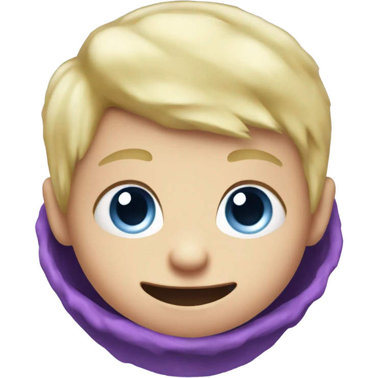 Little blonde hair blue eyed baby boy playing with a purple giant monster emoji