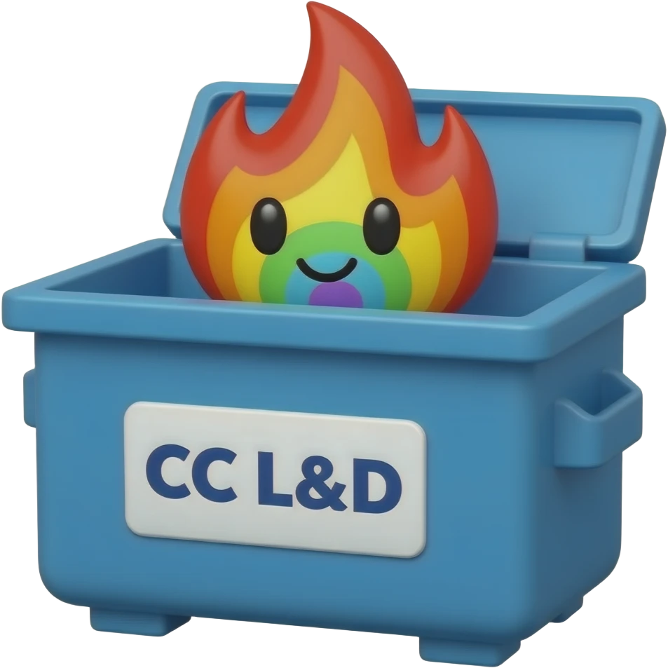 a blue dumpster with rainbow fire and a cute face and on the front and the words CC L&D emoji