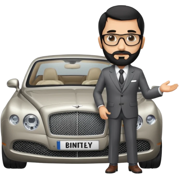 Professor Bentley Dyed black gray hair  frencb beard graying indian guy in suit with a bentley car. Older look with glasses slight balding emoji