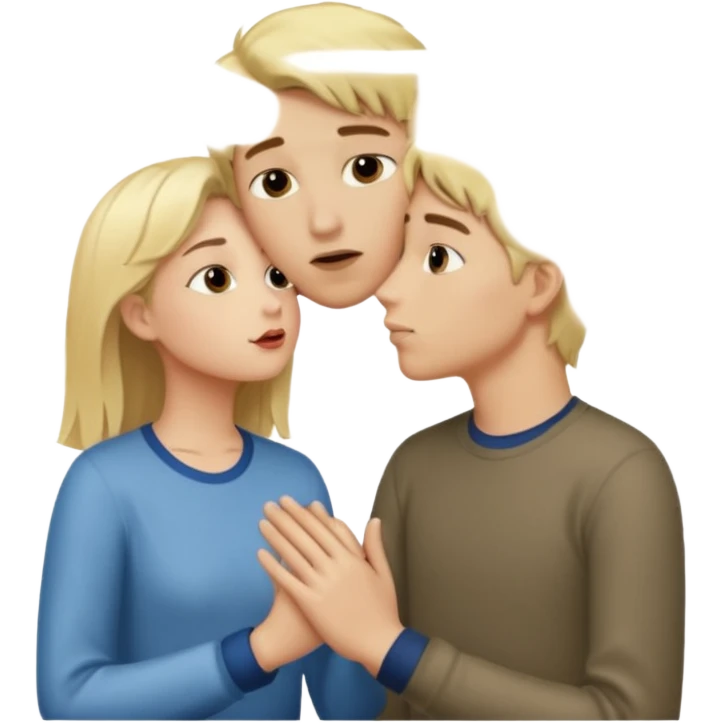 iOS emoji style, girl holding hands with one boy while kissing another boy, one boy blond, the other brunet, subtle suspicious expression emoji