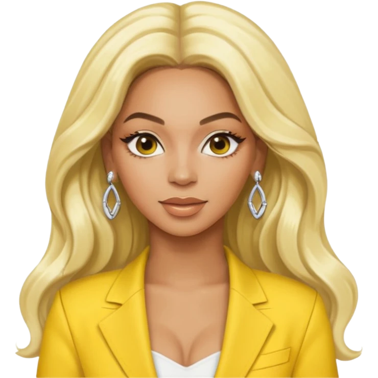 Beyonce with long platinum blonde hair, yellow outfit and earring emoji