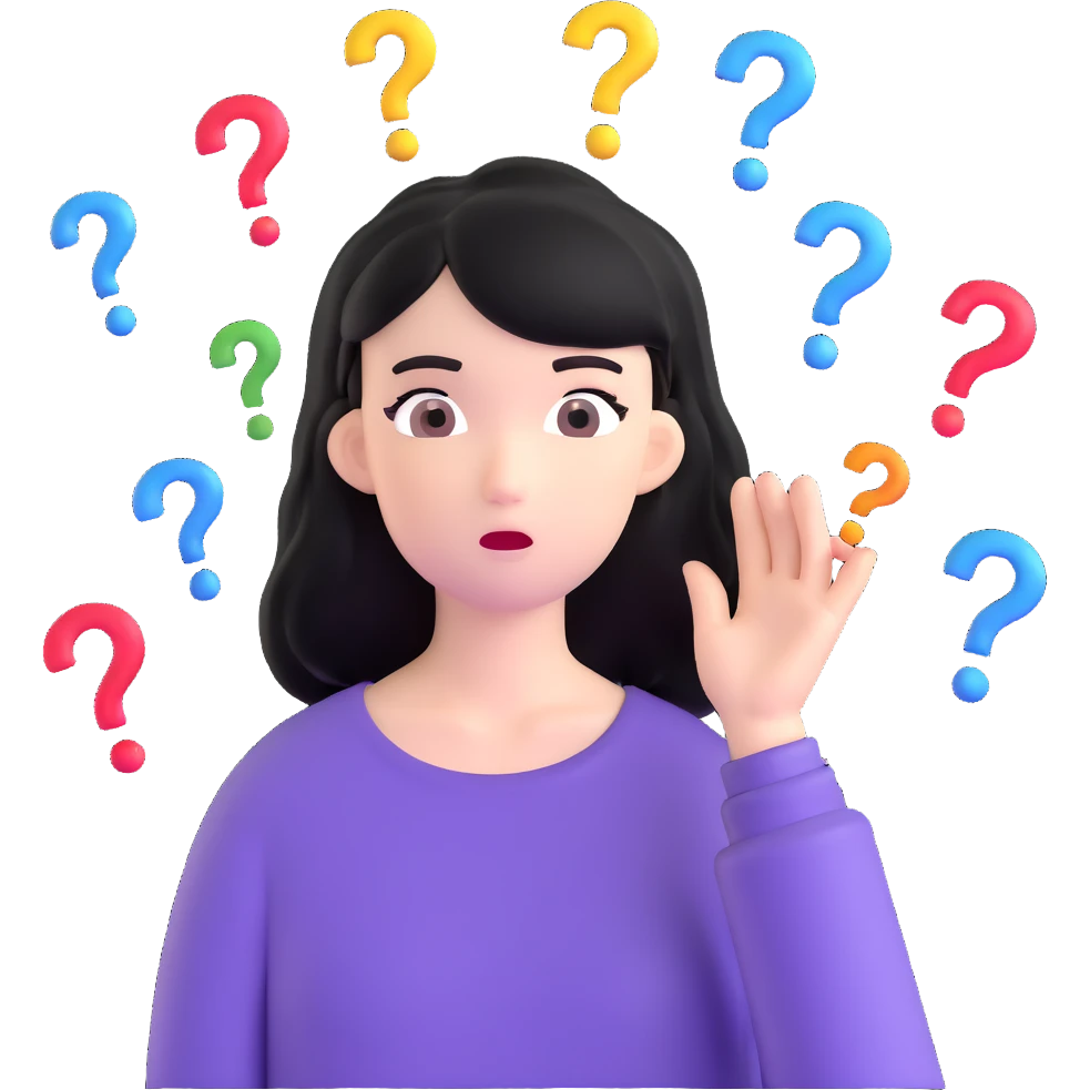 black-haired girl with a puzzled expression, question marks floating above her head emoji