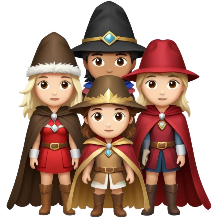 3 girls and 1 guy as the 4 musketeers with feathered hats and capes emoji
