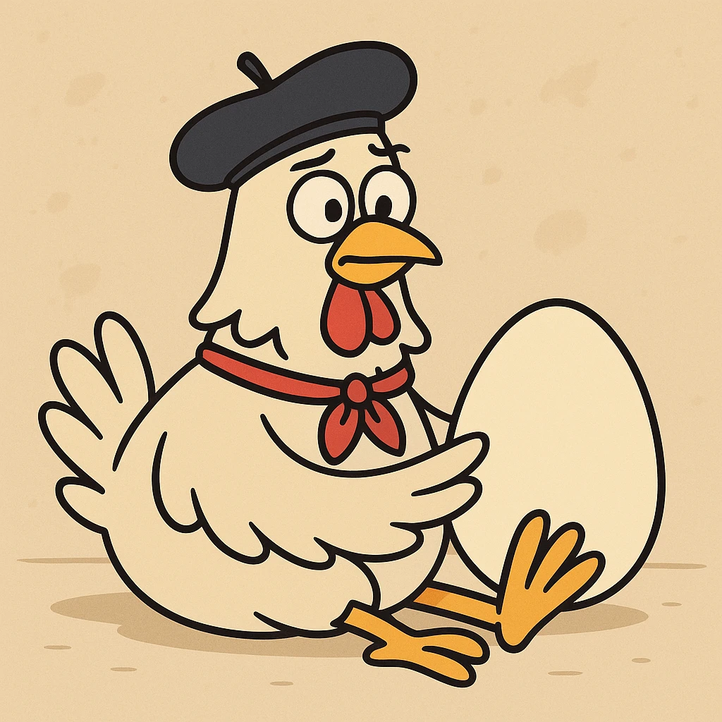a chicken with a French beret and an egg, cartoon style emoji