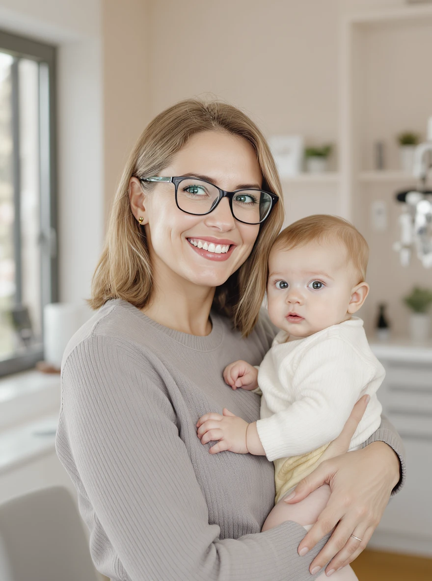 Cinematic still, Proffesional advertising of a smiling european white woman with glasses smiling holding baby, minimalistic ophthalmologist interior in background, leading  lines, "rule of thirds", 60/30/10 colors, soft light, warm colors emoji