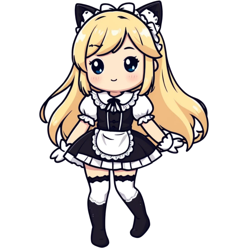 petite blonde catgirl woman long hair freckles shy lace white French maid white thigh highs emoji