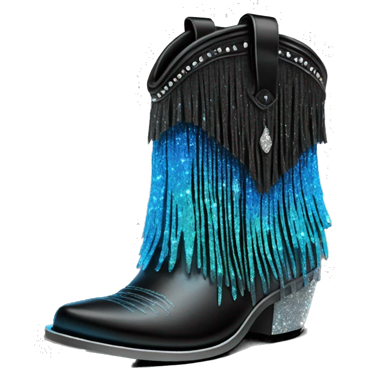 Realistic short neon blue to black ombre fashion cowgirl boot with sparkly shiny glitter fringe on them. emoji