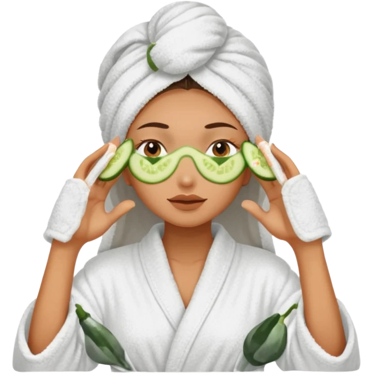 woman at the spa with cucumbers slices covering her eyes and tan skin tone with towel completely covering hair and robe on no hands showing emoji