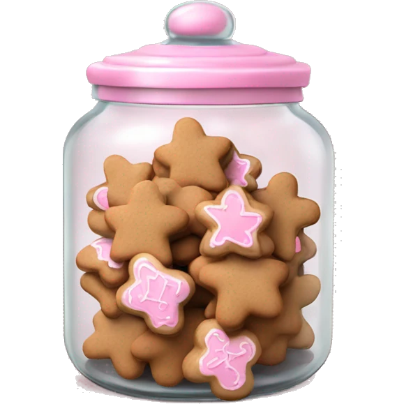 Realistic glass cookie jar with light pink lid full of gingerbread cookies isolated.  emoji