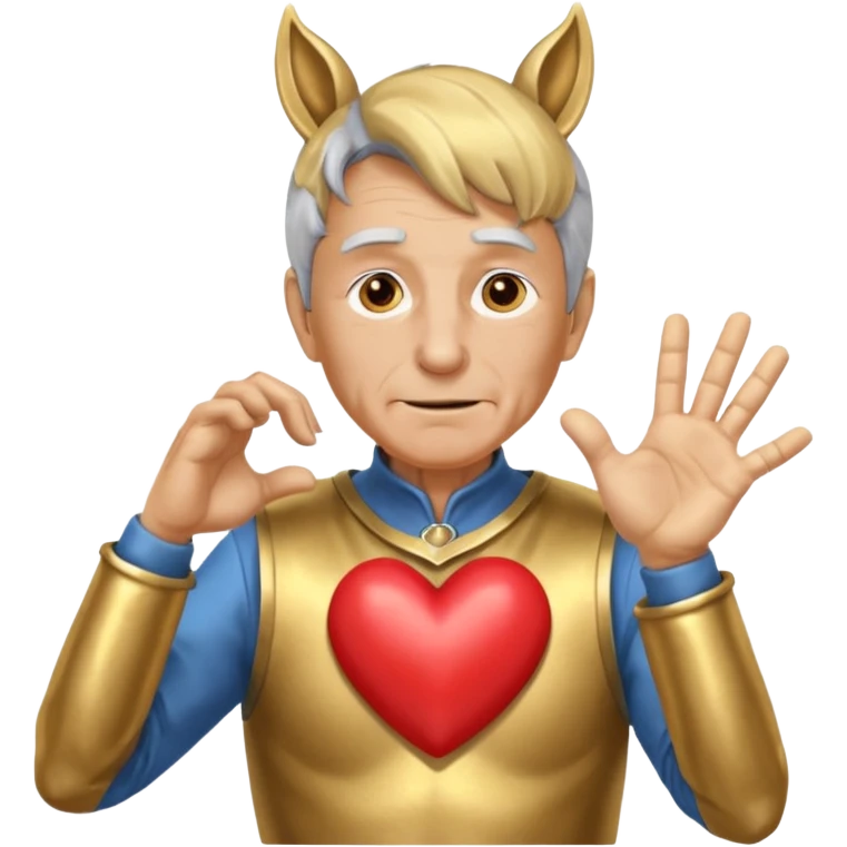An elderly man with golden skin, his body shining like polished metal, wearing a horse cosplay costume with horse ears and a tail. He is making a heart shape with his hands and blushing slightly, showing a shy and embarrassed expression. emoji