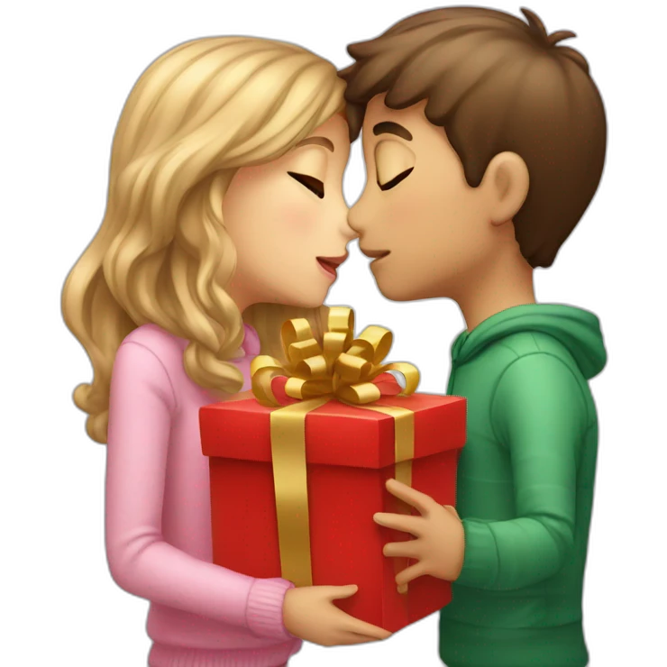 boy and girl kissing with cristmass gift emoji