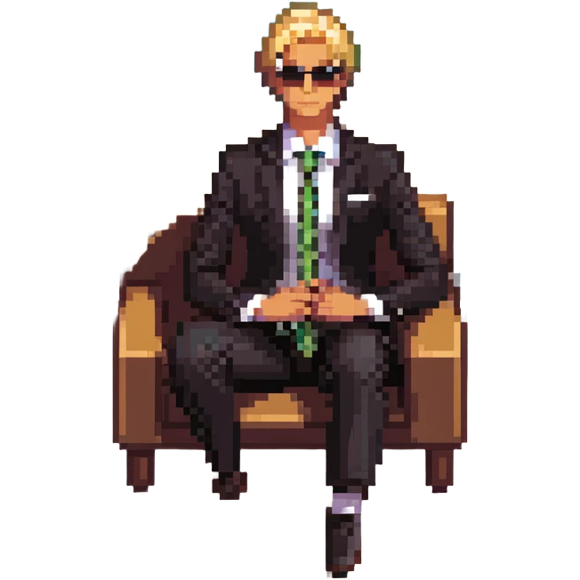 blonde businessman in suit sitting relaxed on vacation, resort background emoji