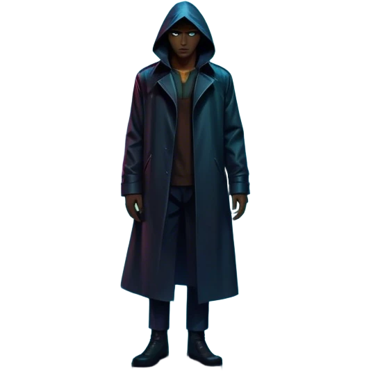 Movie Poster: A tense, gripping design with dramatic lighting. Include a mysterious figure in a dark coat standing in a rain-soaked alley, with glowing neon signs in the background. Shadows loom, and ominous shapes emerge from the mist. Suspenseful and cinematic atmosphere. Transparent background. emoji