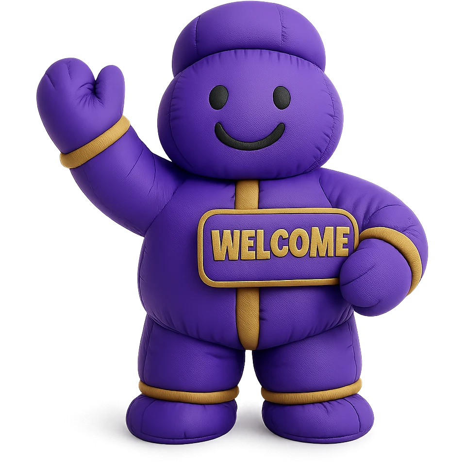 friendly mascot character standing front-and-center, one arm raised in a welcoming wave, holding a small 'Welcome' sign in gold letters, outfit in Qame purple (#4B2091) with gold accents, soft drop shadows, simple light-grey gradient background emoji