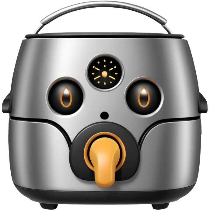 An air fryer with the knobs and handles made to look it's eyes, nose and mouth, hysterically crying with laughter emoji