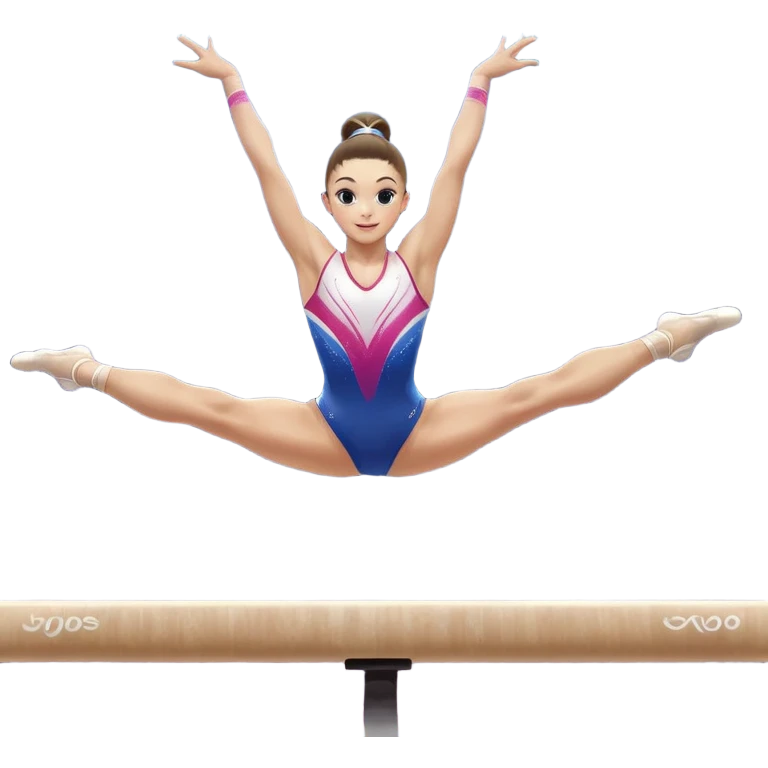 A gymnast performing a flawless routine on the balance beam, showcasing strength and grace. The scene captures the precise, elegant movement with perfect balance and form. The background features a gymnastics arena with vibrant lighting and cheering crowds, emphasizing athleticism and poise. emoji
